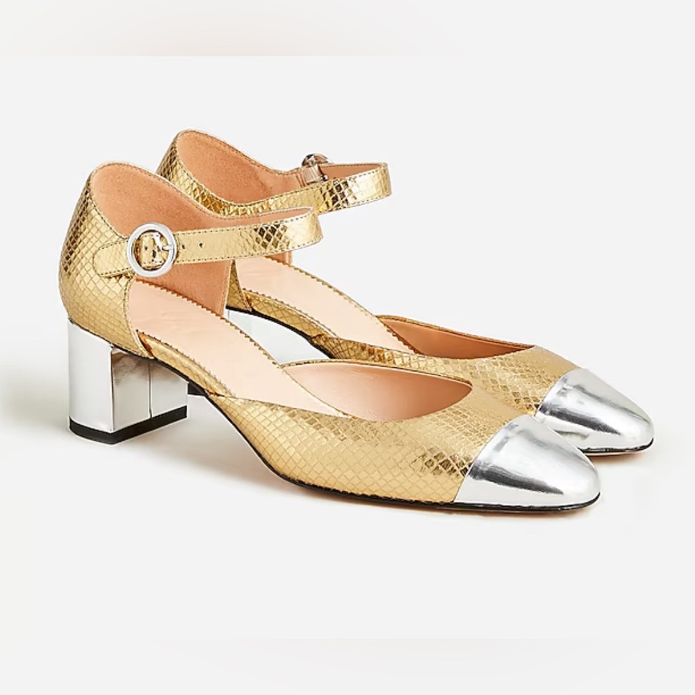 J.Crew NWT: Millie ankle-strap heels. Gold/silver snake-embossed leather. Sz. 5M